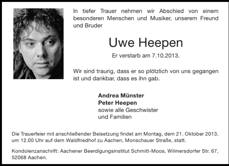  Traueranzeige für Uwe Heepen vom 18.10.2013 aus Aachener Zeitung / Aachener Nachrichten