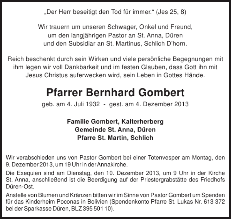  Traueranzeige für Bernhard Gombert vom 06.12.2013 aus Aachener Zeitung / Aachener Nachrichten