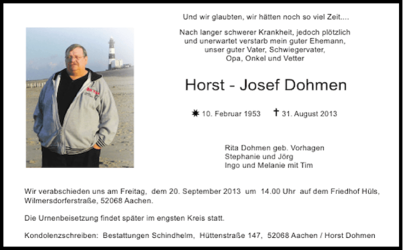  Traueranzeige für Horst-Josef Dohmen vom 15.09.2013 aus Super Sonntag / Super Mittwoch