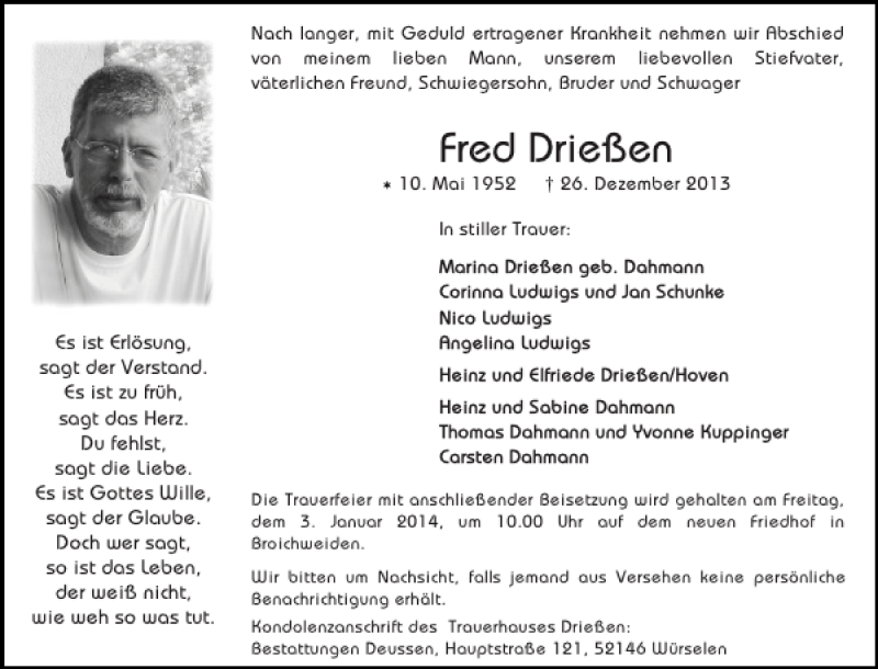  Traueranzeige für Fred Drießen vom 01.01.2014 aus Super Sonntag / Super Mittwoch