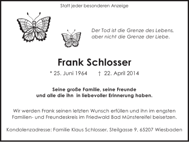  Traueranzeige für Frank Schlosser vom 27.04.2014 aus Super Sonntag / Super Mittwoch