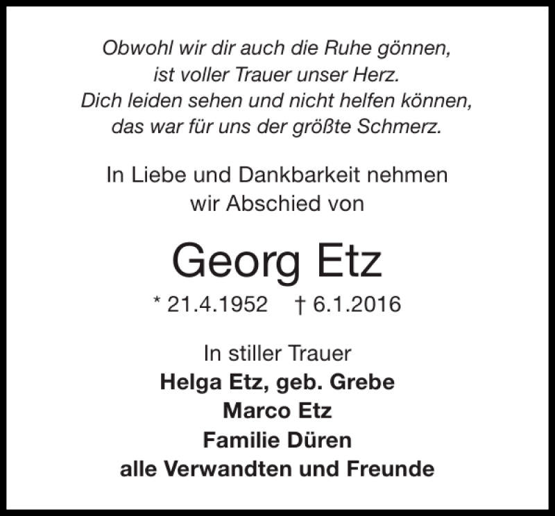  Traueranzeige für Georg Etz vom 13.01.2016 aus Super Sonntag / Super Mittwoch