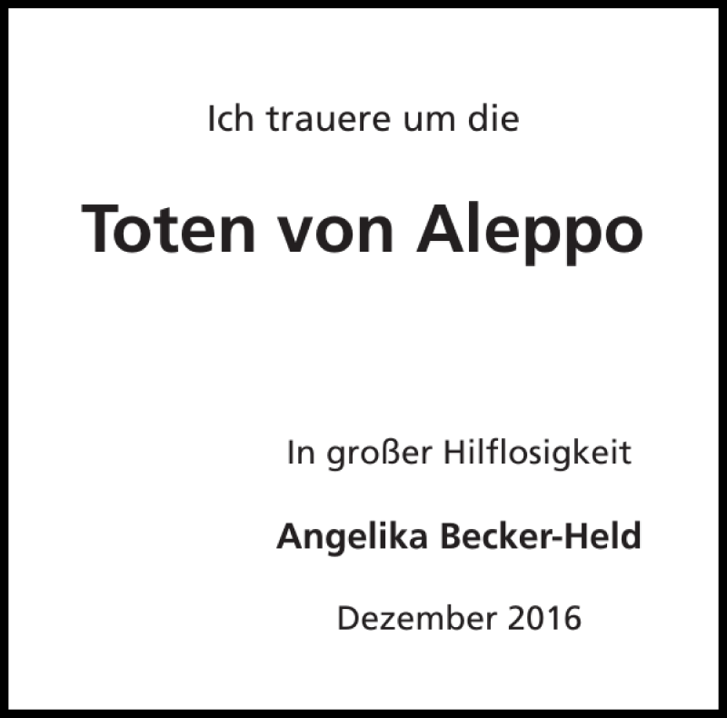  Traueranzeige für Toten Von Aleppo vom 06.12.2016 aus Aachener Zeitung / Aachener Nachrichten