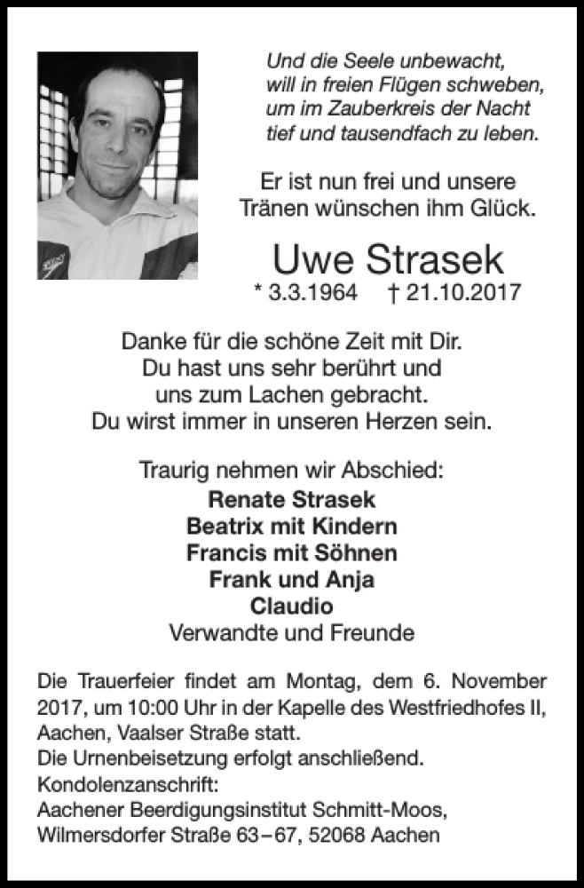  Traueranzeige für Uwe Strasek vom 29.10.2017 aus Super Sonntag / Super Mittwoch