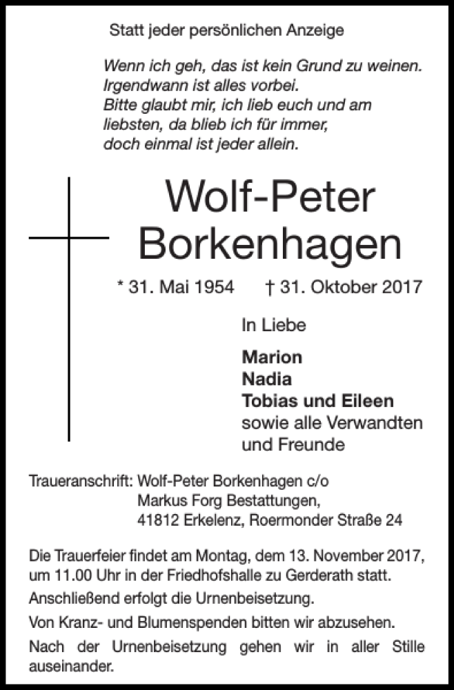  Traueranzeige für Wolf-Peter Borkenhagen vom 05.11.2017 aus Super Sonntag / Super Mittwoch