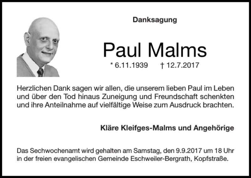 Traueranzeigen Von Paul Malms Aachen Gedenkt