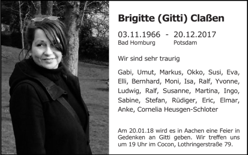  Traueranzeige für Brigitte Gitti Claßen vom 13.01.2018 aus Aachener Zeitung / Aachener Nachrichten