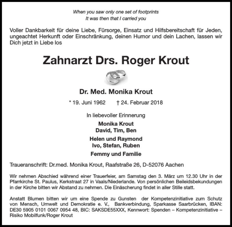  Traueranzeige für Zahnarzt Drs. Roger Krout vom 28.02.2018 aus Super Sonntag / Super Mittwoch