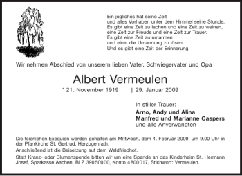 Traueranzeige von Albert Vermeulen von Aachener Zeitung / Aachener Nachrichten