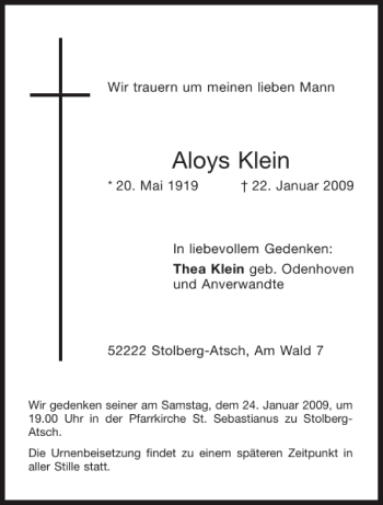 Traueranzeige von Aloys Klein von Aachener Zeitung / Aachener Nachrichten