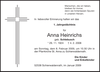 Traueranzeige von Anna Heinrichs von Aachener Zeitung / Aachener Nachrichten