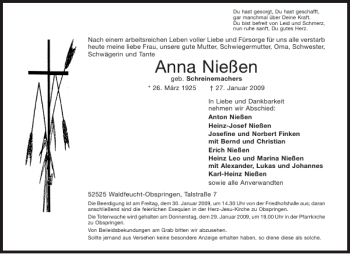 Traueranzeige von Anna Nießen von Aachener Zeitung / Aachener Nachrichten