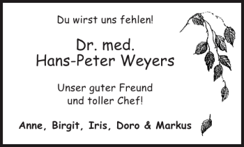Traueranzeige von Dr. med.Hans-Peter Weyers von Aachener Zeitung / Aachener Nachrichten