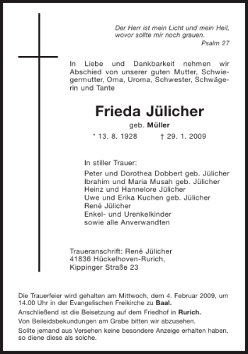 Traueranzeige von Frieda Jülicher von Aachener Zeitung / Aachener Nachrichten