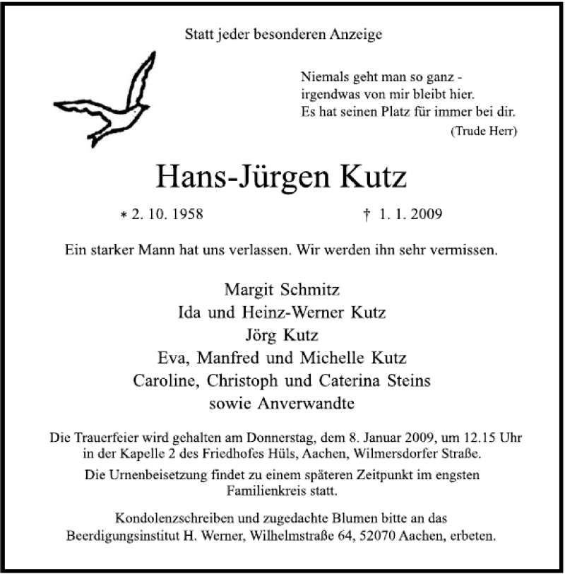  Traueranzeige für Hans-Jürgen Kutz vom 06.01.2009 aus Aachener Zeitung / Aachener Nachrichten