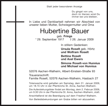 Traueranzeige von Hubertine Bauer von Aachener Zeitung / Aachener Nachrichten