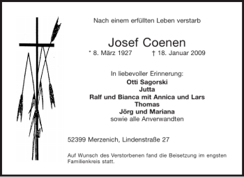 Traueranzeige von Josef Coenen von Aachener Zeitung / Aachener Nachrichten
