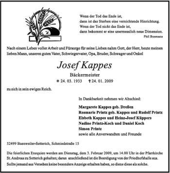 Traueranzeige von Josef Kappes von Aachener Zeitung / Aachener Nachrichten