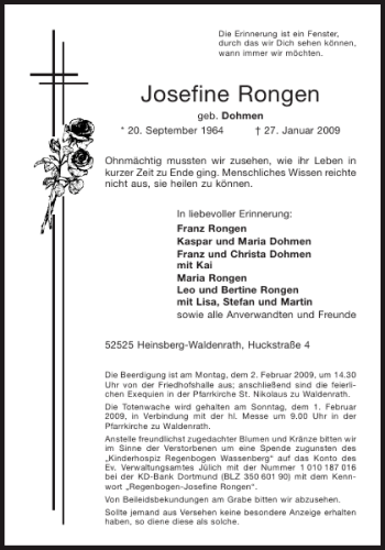 Traueranzeige von Josefine Rongen von Aachener Zeitung / Aachener Nachrichten