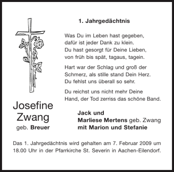 Traueranzeige von Josefine Zwang von Aachener Zeitung / Aachener Nachrichten