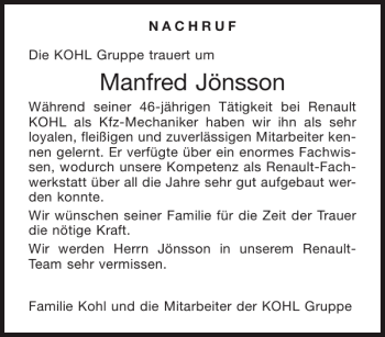 Traueranzeige von Manfred Jönsson von Aachener Zeitung / Aachener Nachrichten