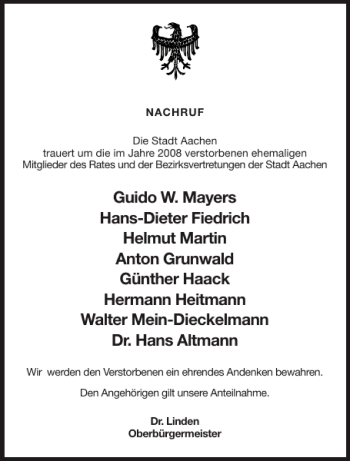 Traueranzeige von Mitglieder des Rates und der Bezirksvertretungen der Stadt Aachen  von Aachener Zeitung / Aachener Nachrichten