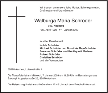 Traueranzeige von Walburga Maria Schröder von Aachener Zeitung / Aachener Nachrichten
