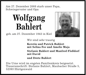 Traueranzeige von Wolfgang Bahlert von Aachener Zeitung / Aachener Nachrichten