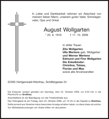 Traueranzeige von August Wollgarten von Aachener Zeitung / Aachener Nachrichten