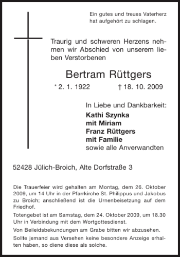 Traueranzeige von Bertram Rüttgers von Aachener Zeitung / Aachener Nachrichten