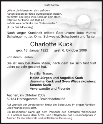 Traueranzeige von Charlotte Kuck von Aachener Zeitung / Aachener Nachrichten