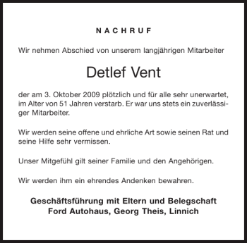 Traueranzeige von Detlef Vent von Aachener Zeitung / Aachener Nachrichten