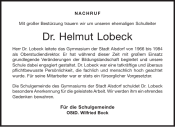 Traueranzeige von Dr. Helmut Lobeck von Aachener Zeitung / Aachener Nachrichten