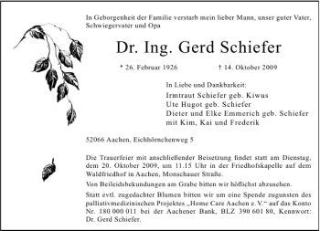 Traueranzeige von Dr. Ing. Gerd Schiefer von Aachener Zeitung / Aachener Nachrichten