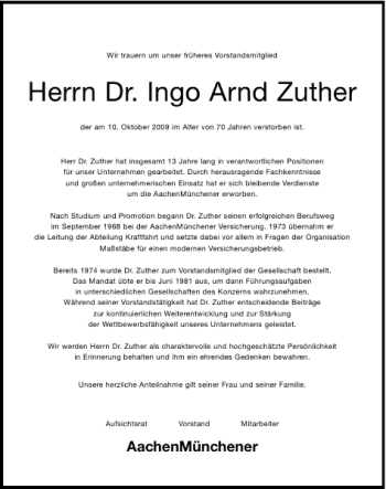 Traueranzeige von Dr. Ingo Arnd Zuther von Aachener Zeitung / Aachener Nachrichten