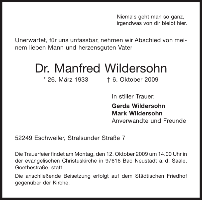  Traueranzeige für Dr. Manfred Wildersohn vom 10.10.2009 aus Aachener Zeitung / Aachener Nachrichten