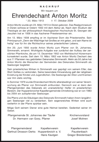 Traueranzeige von Ehrendechant Anton Moritz von Aachener Zeitung / Aachener Nachrichten