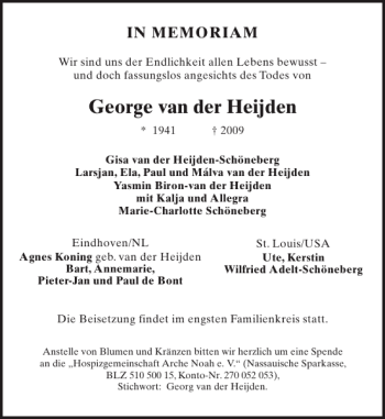 Traueranzeige von George van der Heijden von Aachener Zeitung / Aachener Nachrichten