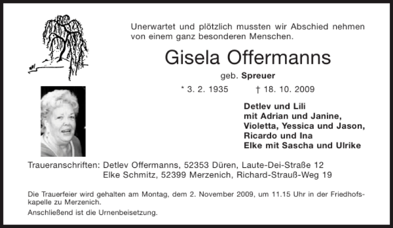 Traueranzeigen von Gisela Offermanns | Aachen gedenkt