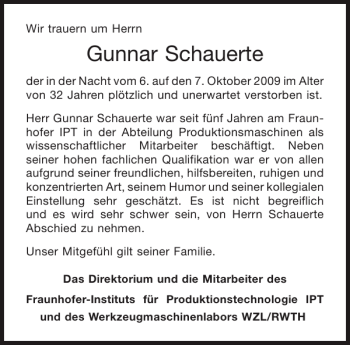 Traueranzeige von Gunnar Schauerte von Aachener Zeitung / Aachener Nachrichten