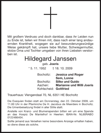 Traueranzeige von Hildegard Janssen von Aachener Zeitung / Aachener Nachrichten