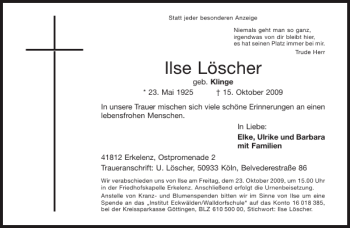 Traueranzeige von Ilse Löscher von Aachener Zeitung / Aachener Nachrichten