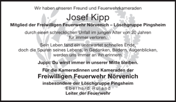 Traueranzeige von Josef Kipp von Aachener Zeitung / Aachener Nachrichten
