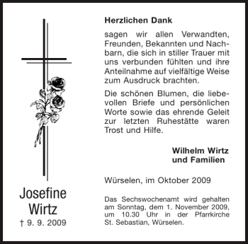 Traueranzeige von Josefine Wirtz von Aachener Zeitung / Aachener Nachrichten