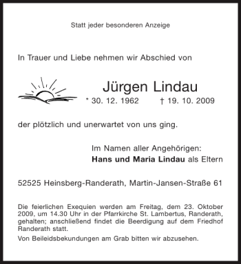 Traueranzeige von Jürgen Lindau von Aachener Zeitung / Aachener Nachrichten