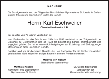 Traueranzeige von Karl Eschweiler von Aachener Zeitung / Aachener Nachrichten