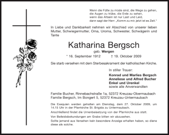Traueranzeige von Katharina Bergsch von Aachener Zeitung / Aachener Nachrichten