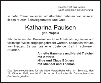 Traueranzeige von Katharina Paulsen von Aachener Zeitung / Aachener Nachrichten
