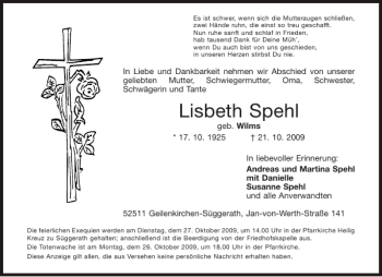 Traueranzeige von Lisbeth Spehl von Aachener Zeitung / Aachener Nachrichten