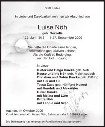 Traueranzeige von Luise Nöh von Aachener Zeitung / Aachener Nachrichten